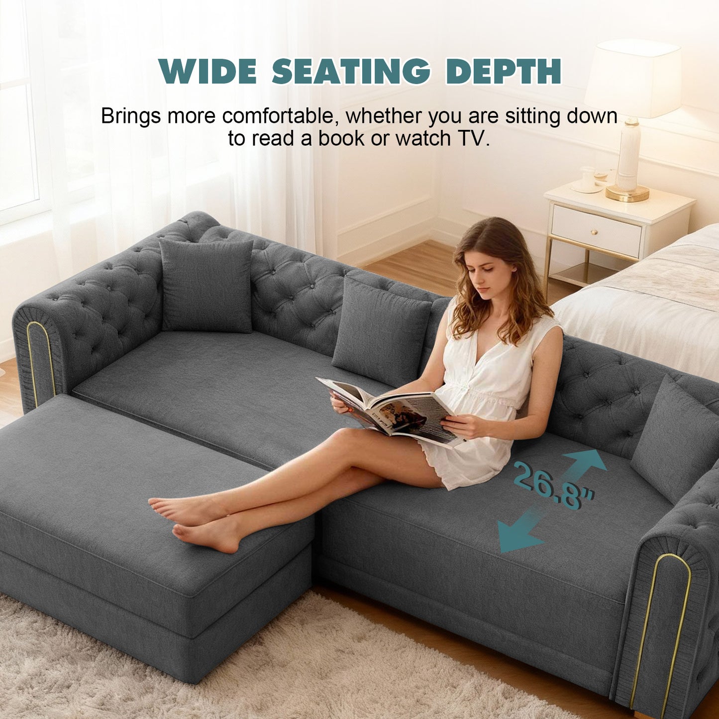 90.6" 3-in-1 Convertible Sleeper Sofa,Elegant Modern Couch with Button Tufted and Gold Edge Trim,3-Seater Couch with Movable Ottoman for Living Room,Apartment,Office,Bedroom,Dark Grey image 12