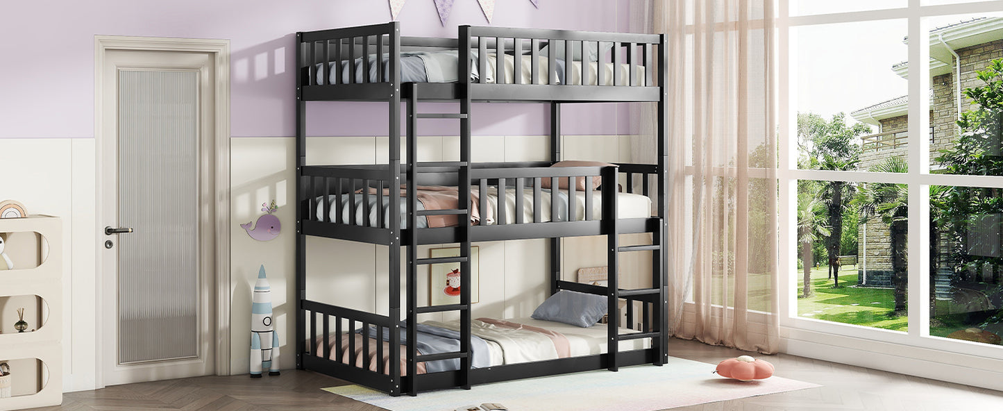 Twin Size Triple Rubber Wood Bunk Bed, with Ladders, Guardrails Detachable Bunk Bed, Twin over Twin over Twin,Black image 12
