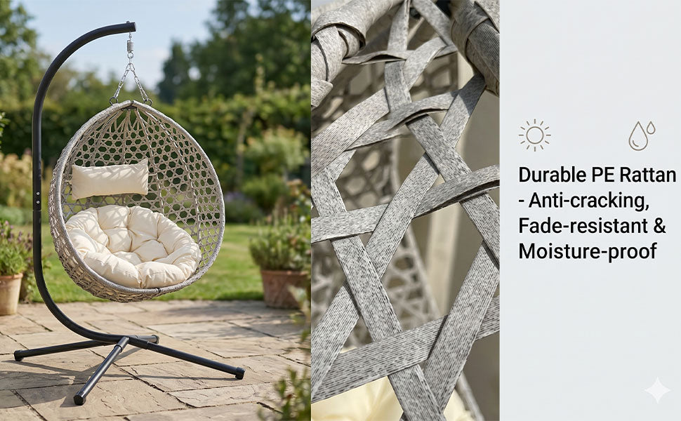 Folding PE Rattan Hanging Egg Chair with Stand, Gray Indoor Outdoor Hammock Swing Basket Chair, Aluminum Steel Frame for Patio Balcony Backyard Bedroom image 12