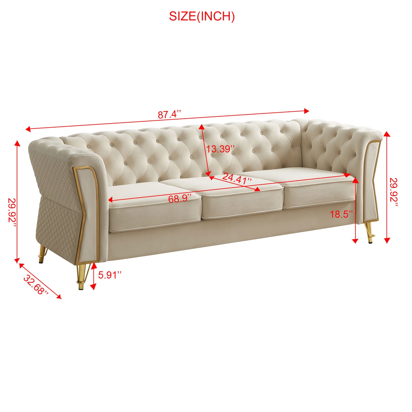 Modern Tufted Velvet Sofa 87.4 inch for Living Room Beige Color image 11