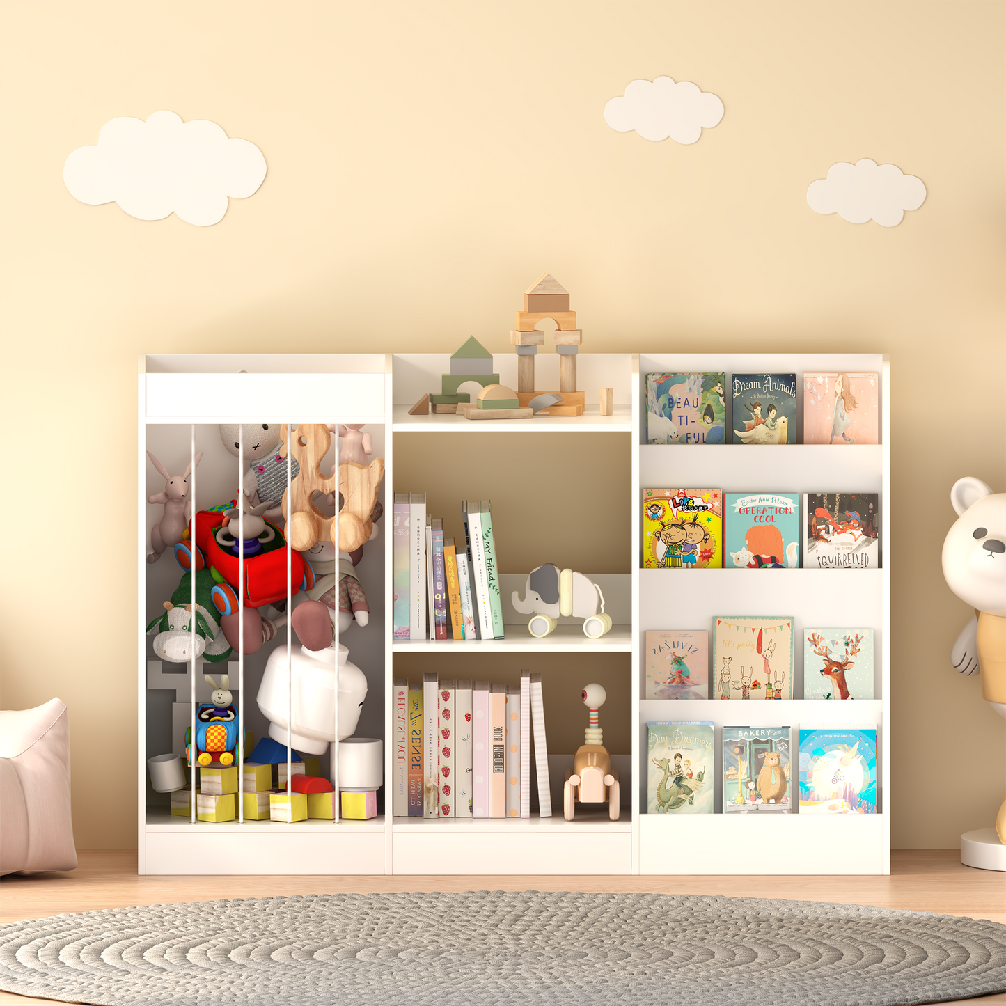 Kids Bookshelf and Toy Storage, 3-Tier Book Shelf for Kids Rooms, Sling Baby Bookcase with Stuffed Animal Storage, Toddler Montessori Bookshelf for Nursery, Playroom, Kindergarten, White image 12