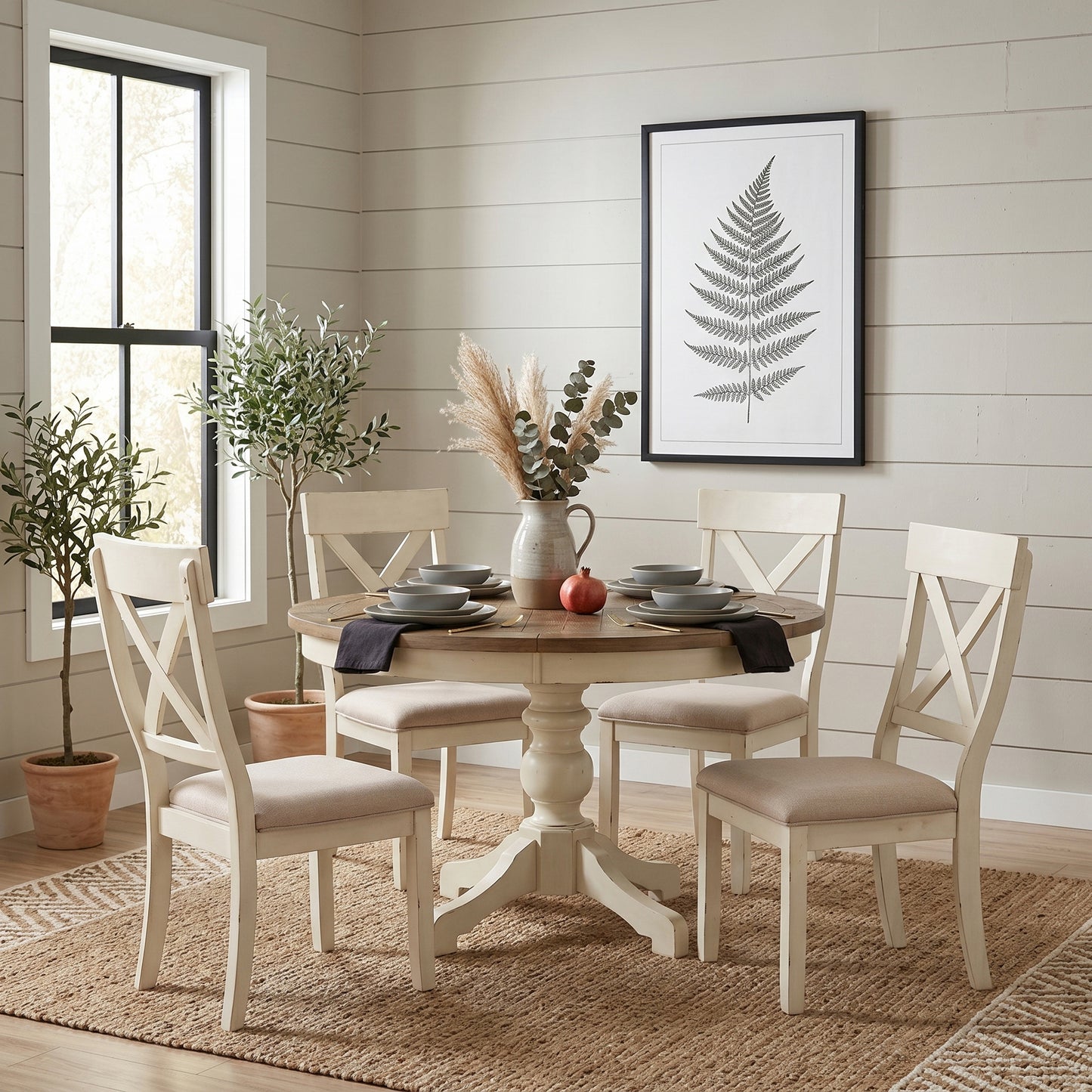 Prato Round Antique White and Distressed Oak Two-tone Finish Wood Dining Table image 9