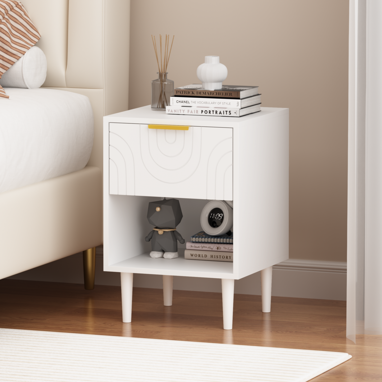 22.83'' H Modern White Nightstand with One Drawer and Open Shelf, Gold - Accented Handle, Ideal for Bedroom Decor image 12