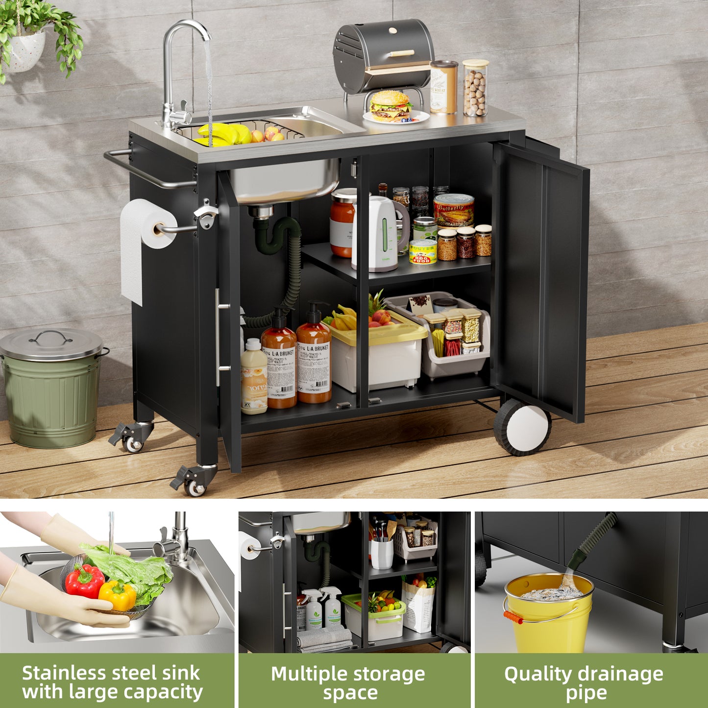 Outdoor Grill Table with Sink, Grill Cart with 304 Stainless Steel Sink and Cabinet, Outdoor Grill Cart,Outdoor Cart Sink Station with Wheels, L38" x W18" x H35" image 12