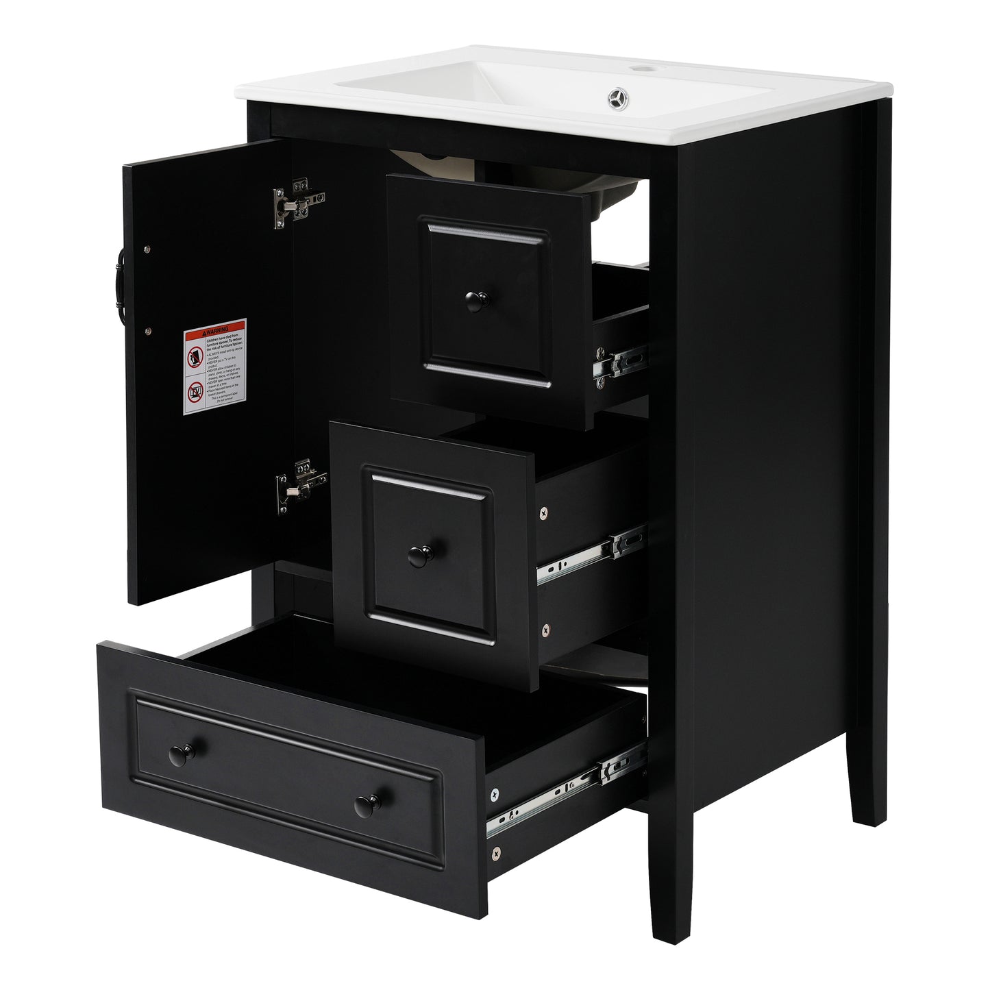 24 inch Bathroom Vanity with Sink, One Cabinet with Soft-closing Door, 3 Soft-closing Drawers, Retro Metal Handles, Black image 12