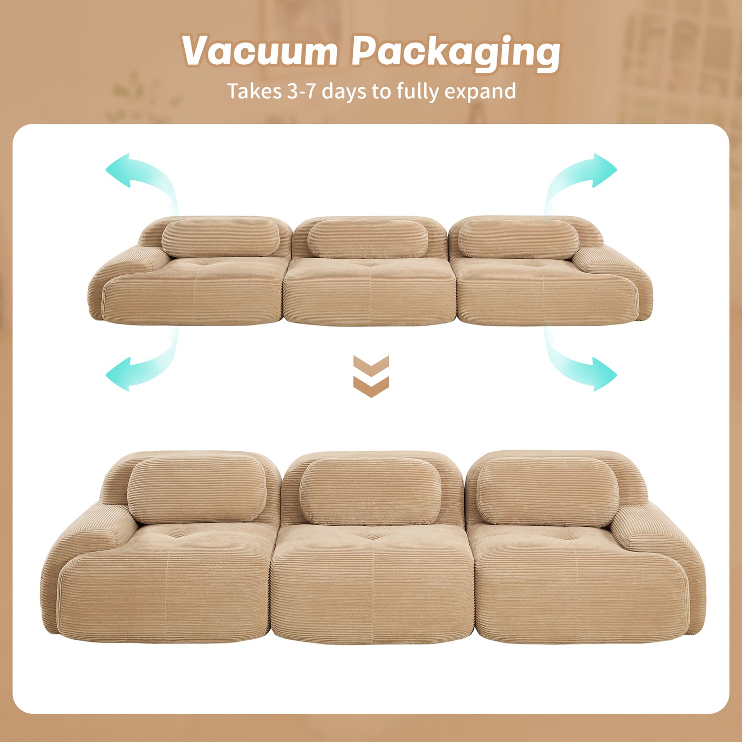 3-seat sofa premiumCorduroy Fabric fabric modular multi-combination anti-slip design no assembly curved armrests ergonomic support high-resilience sponge for living rooms bedrooms,Camel image 12
