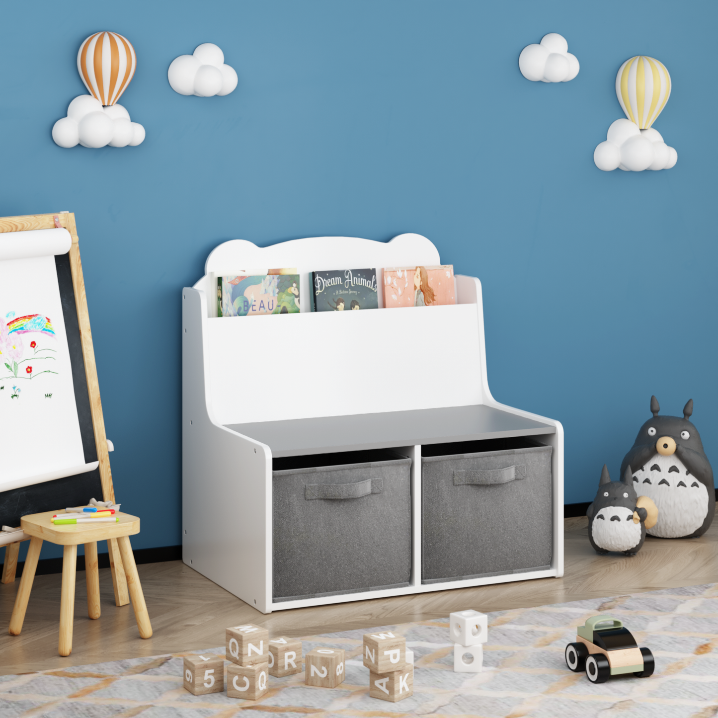 Kids Bookshelf with Storage Bins – Wooden Bookcase with Book Display Shelf and 2 Fabric Bins, Cute Bear-Shaped Backboard, Toy Organizer for Toddlers and Children, White and Gray image 12