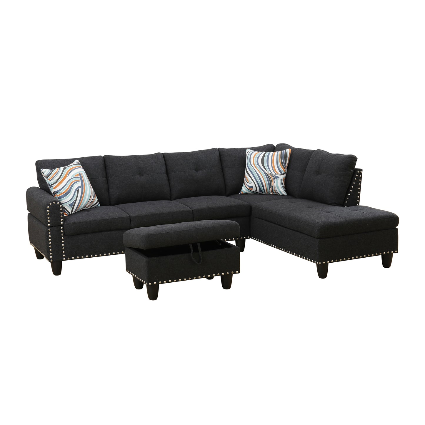L shape Sectional Sofa Chair with cup holder - Black-Right image 12