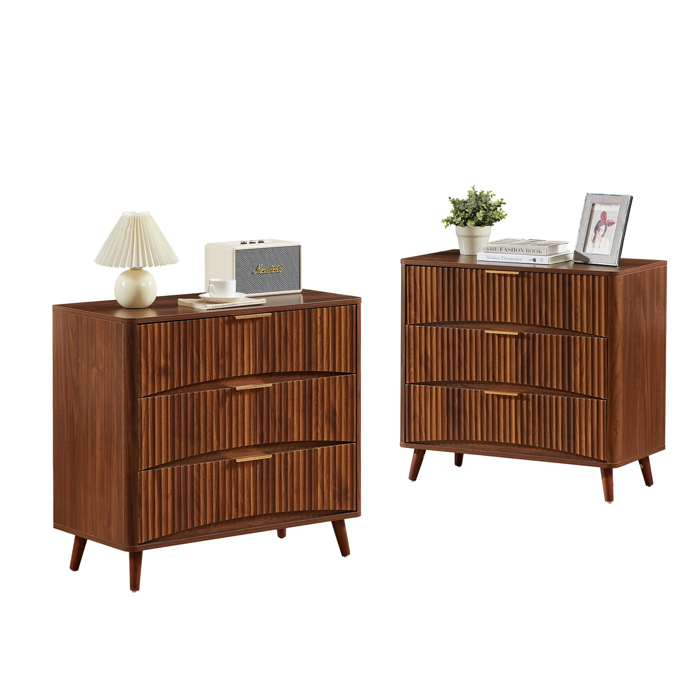 Fluted 3 Drawer Dresser, Mid-Century Modern Tall Chest of Drawers with Vertical Grooved Design, Solid Wood Storage Cabinet with Metal Handles for Bedroom Living Room, Walnut (31.5"W x 15"D x 30"H) image 12