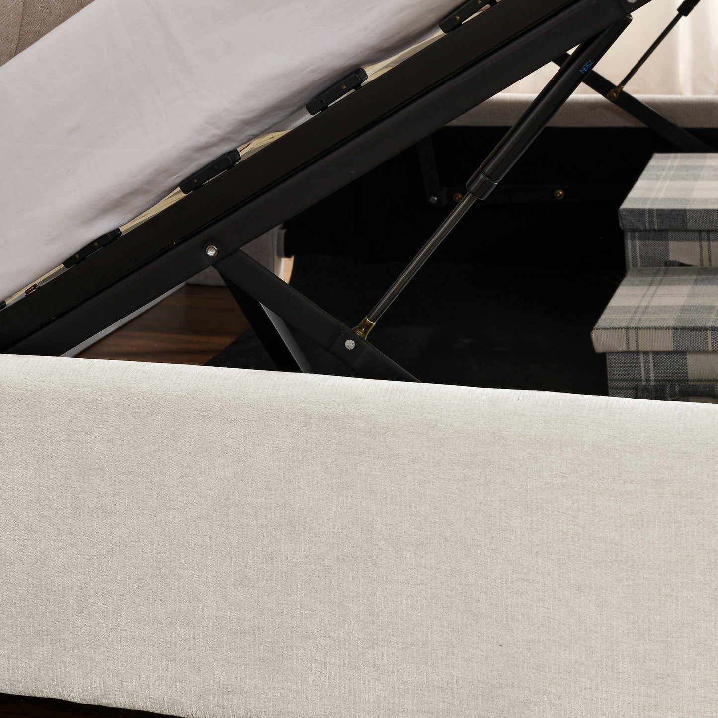 Queen Size Storage Upholstered Hydraulic Platform Bed with Integrated Headboard, Chenille Fabric, Beige image 12
