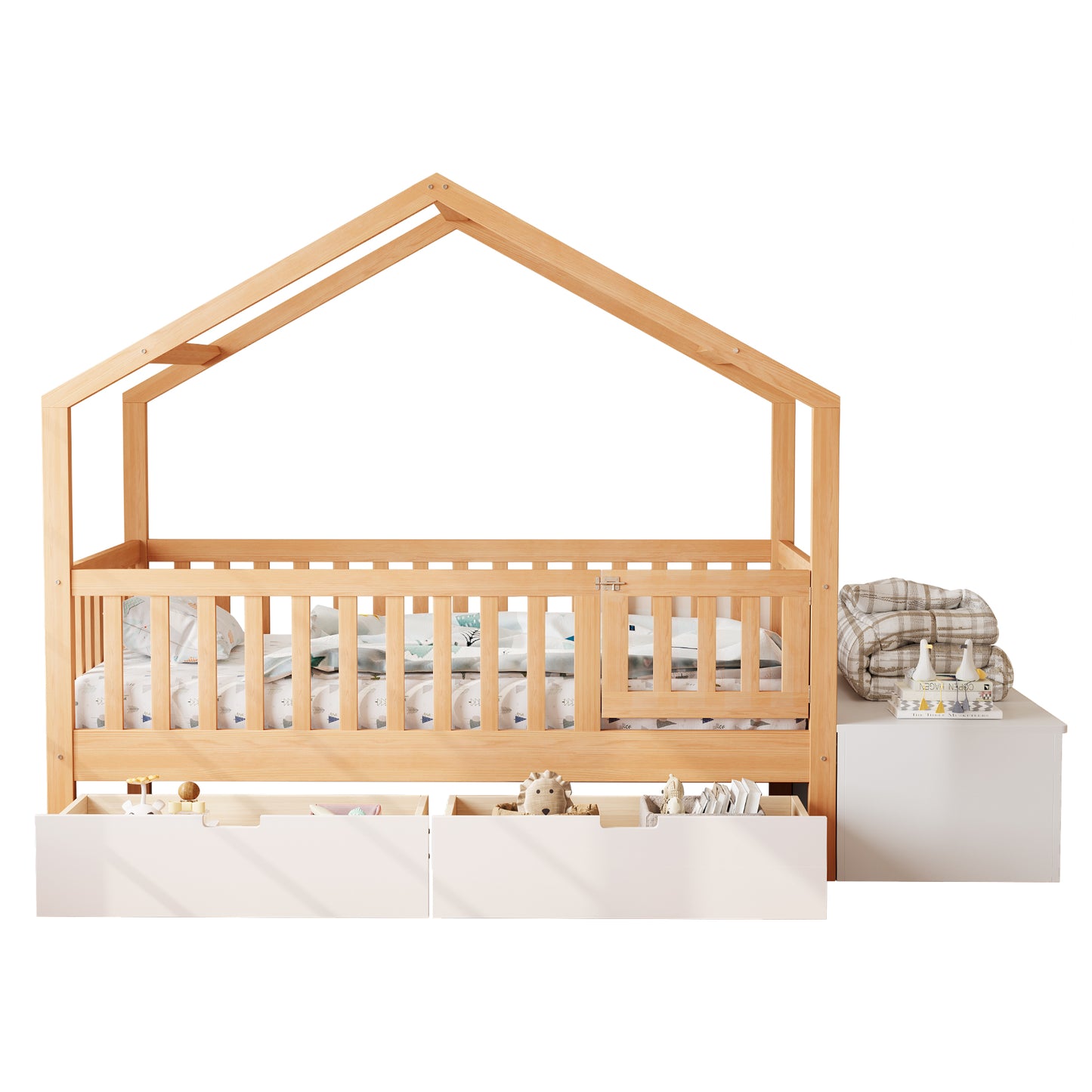 Toddler Bed with Storage Drawers & Lift-Top Chest, Solid Wood Bed with Safety Railings & Gate, Playhouse Bed Frame for Kids, Compatible with standard US toddler mattresses, Natural Wood & White image 12