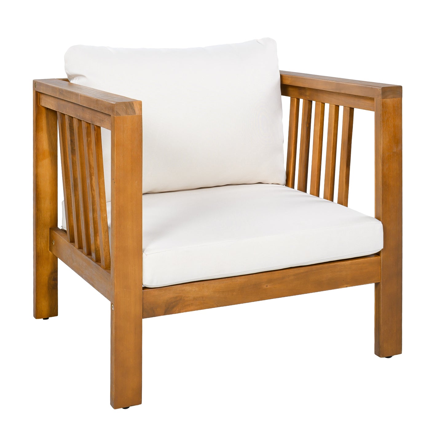 Outdoor Acacia Wood Club Chair with Modern Square Arms, Patio Chair with Thick Cushion, Adjustable Leveling Feet for Poolside, Backyard & Deck, Beige Cushion image 11