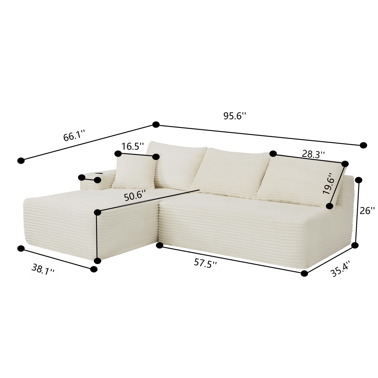 95.6" Cloud Sectional Couch with L-Shape Chaise,Modern Modular Sofa with Deep Seat, Upholstered Couches for Living Room Bedroom,No Assembly Required and Cup holde, (Plush Fabric),Grey image 12