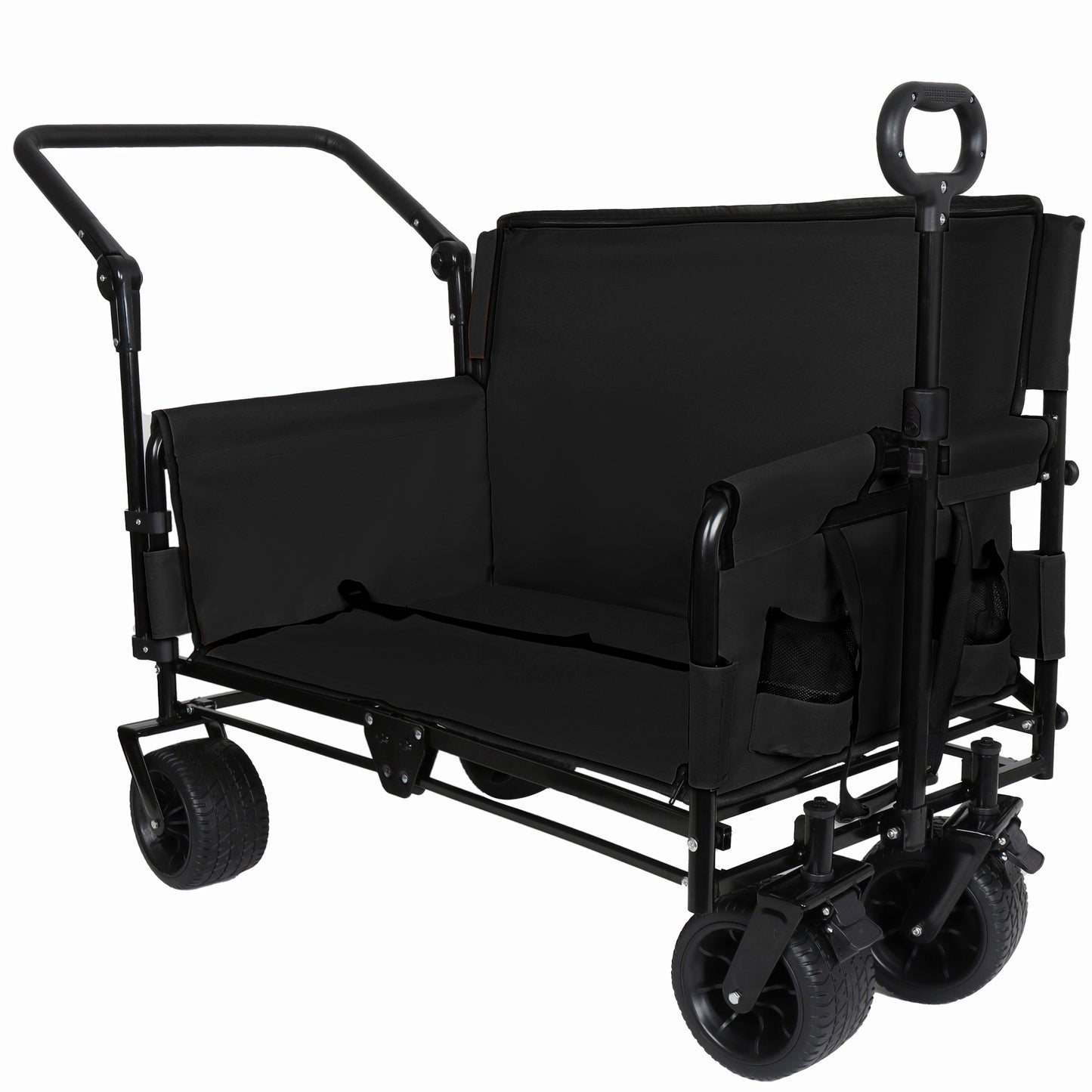 3-in-1 Folding Wagon Cart with Bench Seat & Canopy & Storage, 500lbs Heavy-Duty, 180L Capacity, All-Terrain Wagon for Camping, Beach, Sports, & Garden, Black image 12