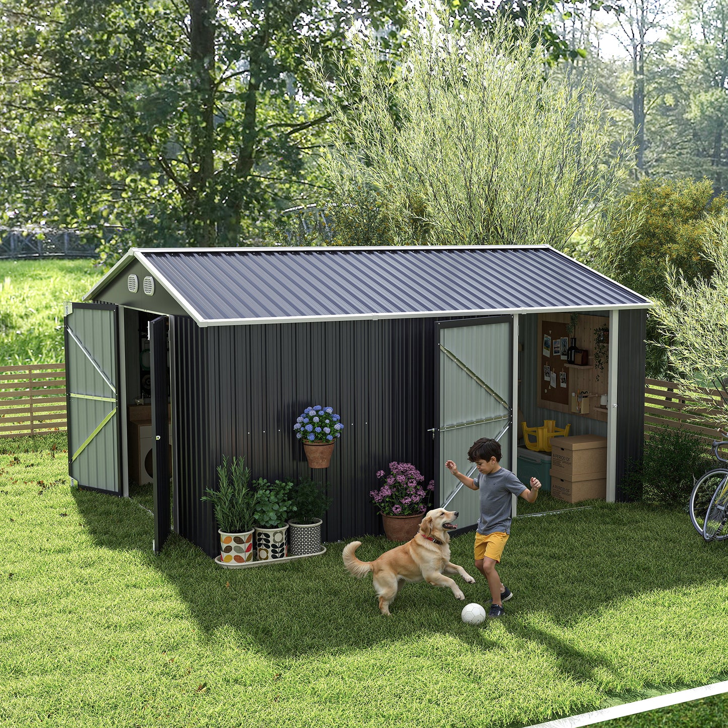 10x12 FT Outdoor Metal Storage Shed, Large Storage Sheds with Sturdy Frame Structure, Metal Garden Tool Shed with Lockable Door for Garden,Gift a foldable flower pot stand, Backyard, Drak gray image 12