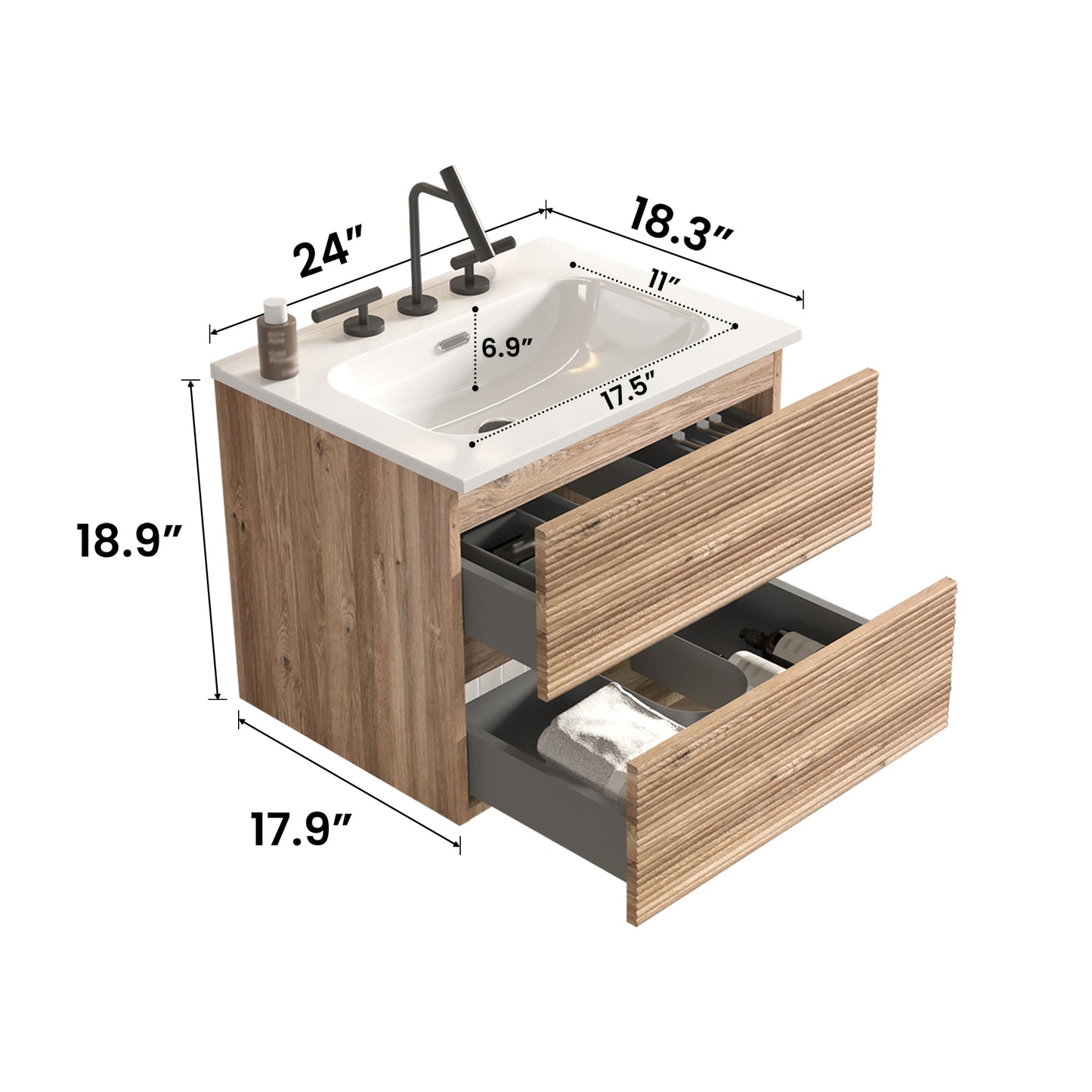 Gloria 24" Wall Mounted Rough Oak&Rough Oak Bathroom Vanity with Integrated Ceramic Sink with 3 holes, Overflow, Large Storage Floating Bathroom Vanity for Modern Bathroom, KD image 12