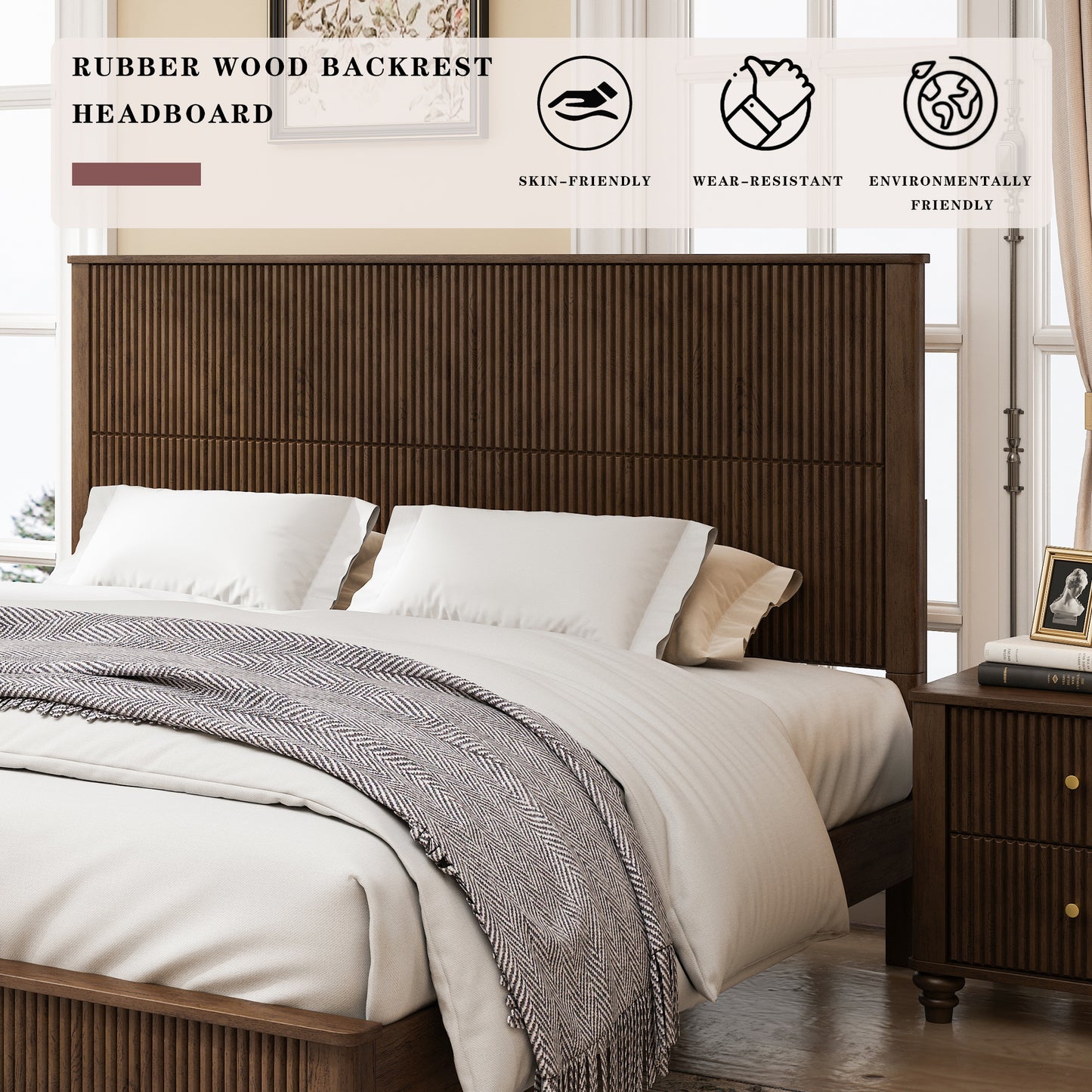 Solid Wood Bed Frame,King Platform Bed Frame with Headboard,Tall Headboard Natural Wood Bed,No Box Spring Needed,Walnut image 12