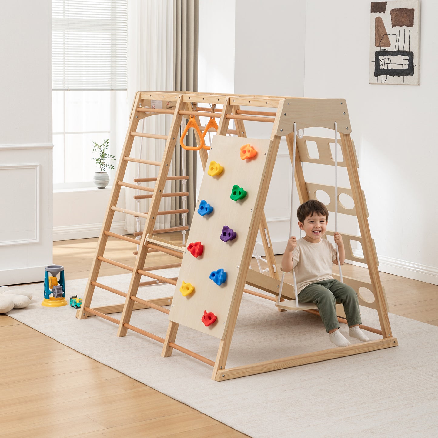 9-in-1 Slide and Climbing Wall for Toddlers 3+, Wooden Indoor Play Structure, Heavy Duty 176 lbs Capacity, Safe Rounded Edge Natural Wood, Balance & Strength Toy Gift image 12