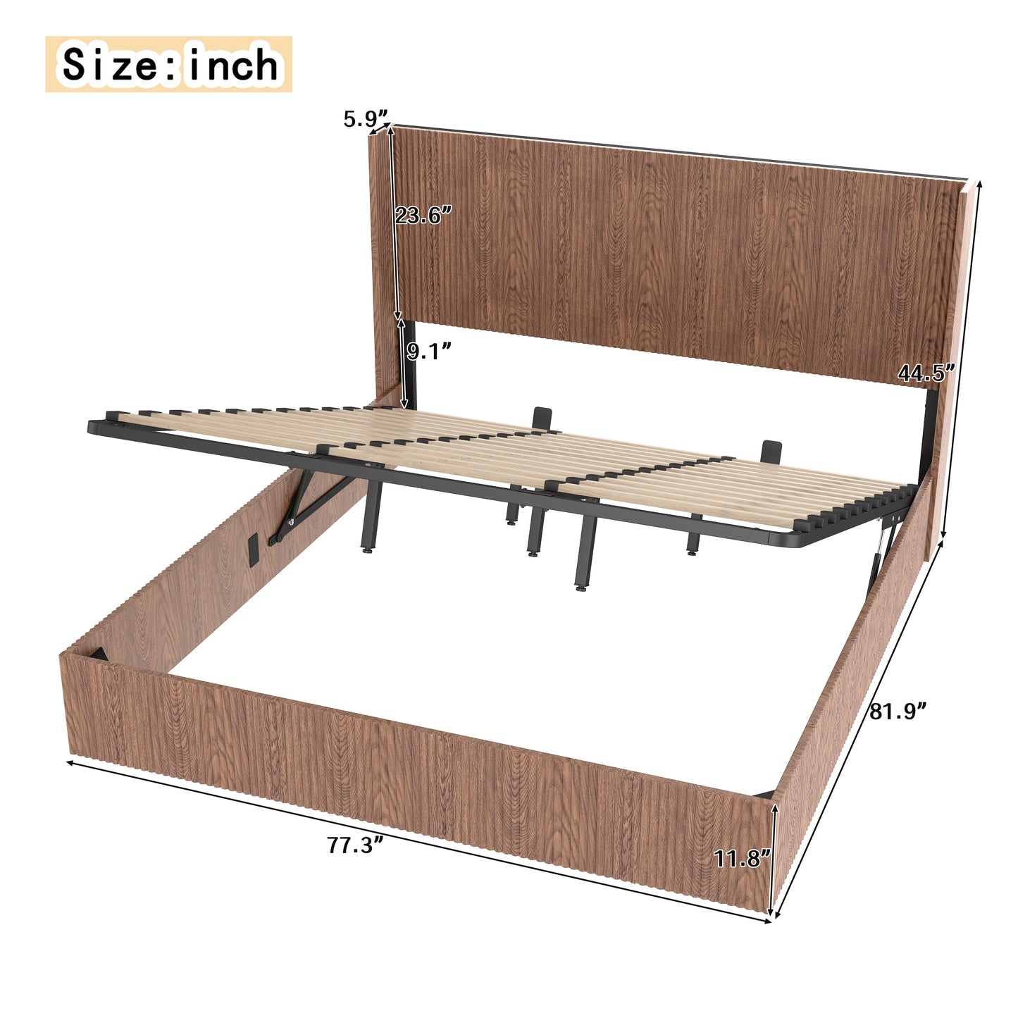 Large grooved undulating lift storage bed frame, wooden platform bed frame with lift storage, no spring box required/no noise, rustic brown slatted natural wood(King) image 10