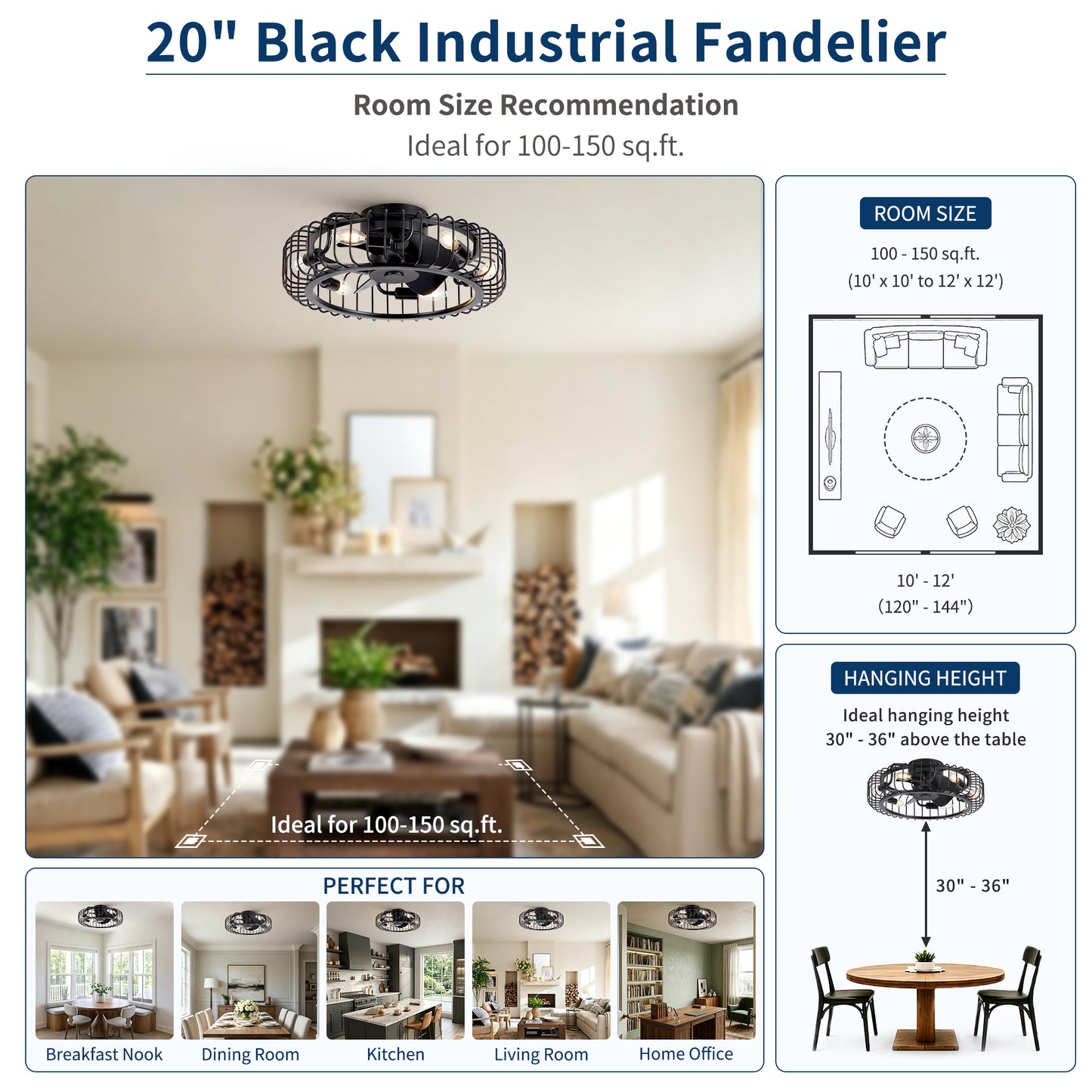 20" Black Industrial Flush Mount Ceiling Fan with Lights, Low Profile Fandelier with E12 Sockets, Reversible DC Motor, 6 Speeds, Quiet Ceiling Fan for Bedroom Kitchen Dining Room Farmhouse image 12