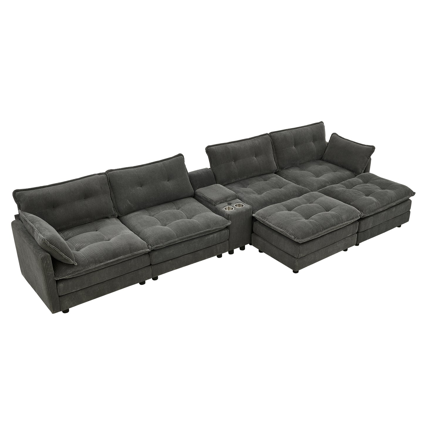 154" Sectional Cloud Sofa Couch with Ottomans, Modular U Shaped Couches for Living Room, Comfy Corduroy Oversized Sectional Modern 6 Seat Deep Seat Sofa Set with Central Console USB Port, Grey image 12