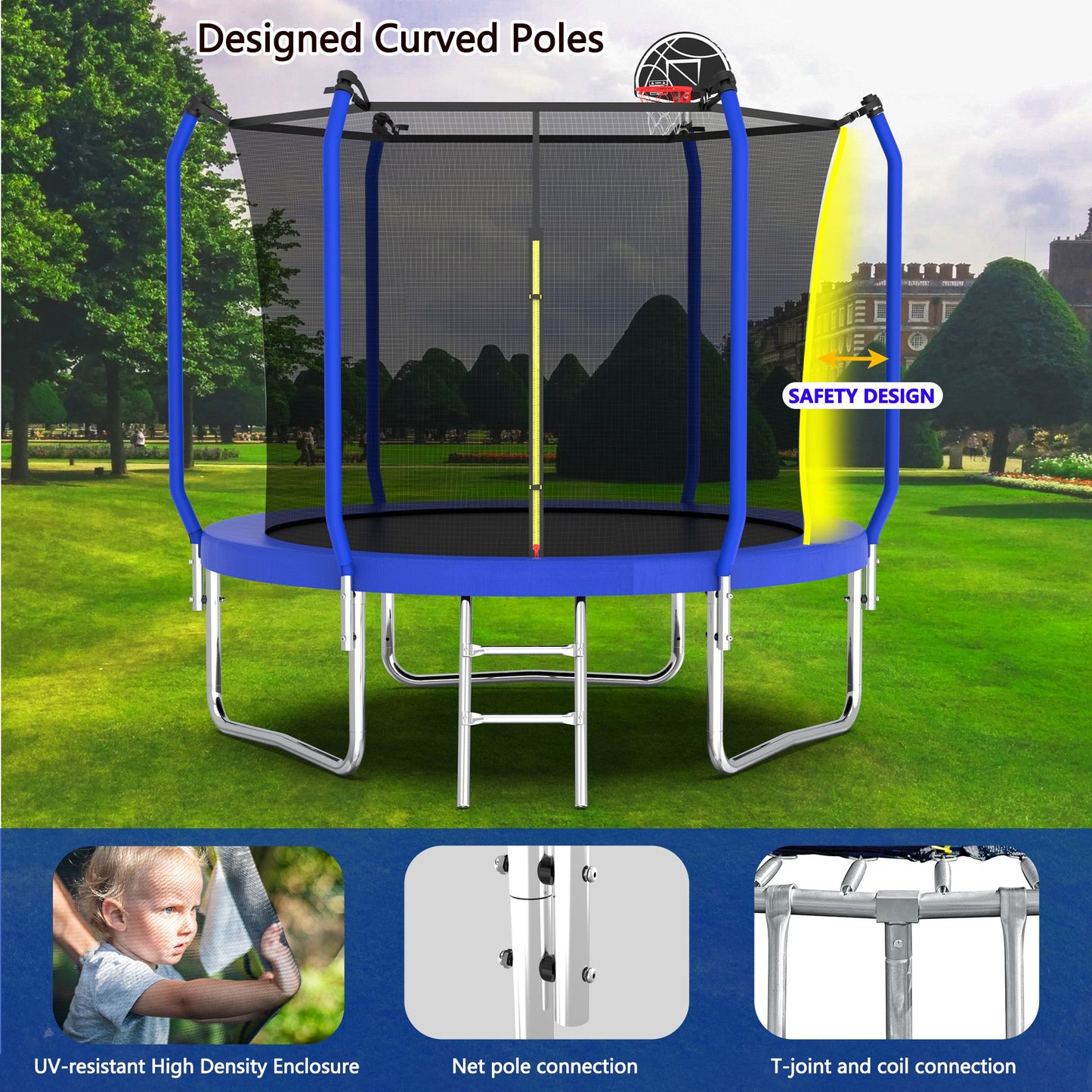8FT Trampoline with Basketball Hoop, ASTM Approved Reinforced Type Outdoor Trampoline with Enclosure Net image 11