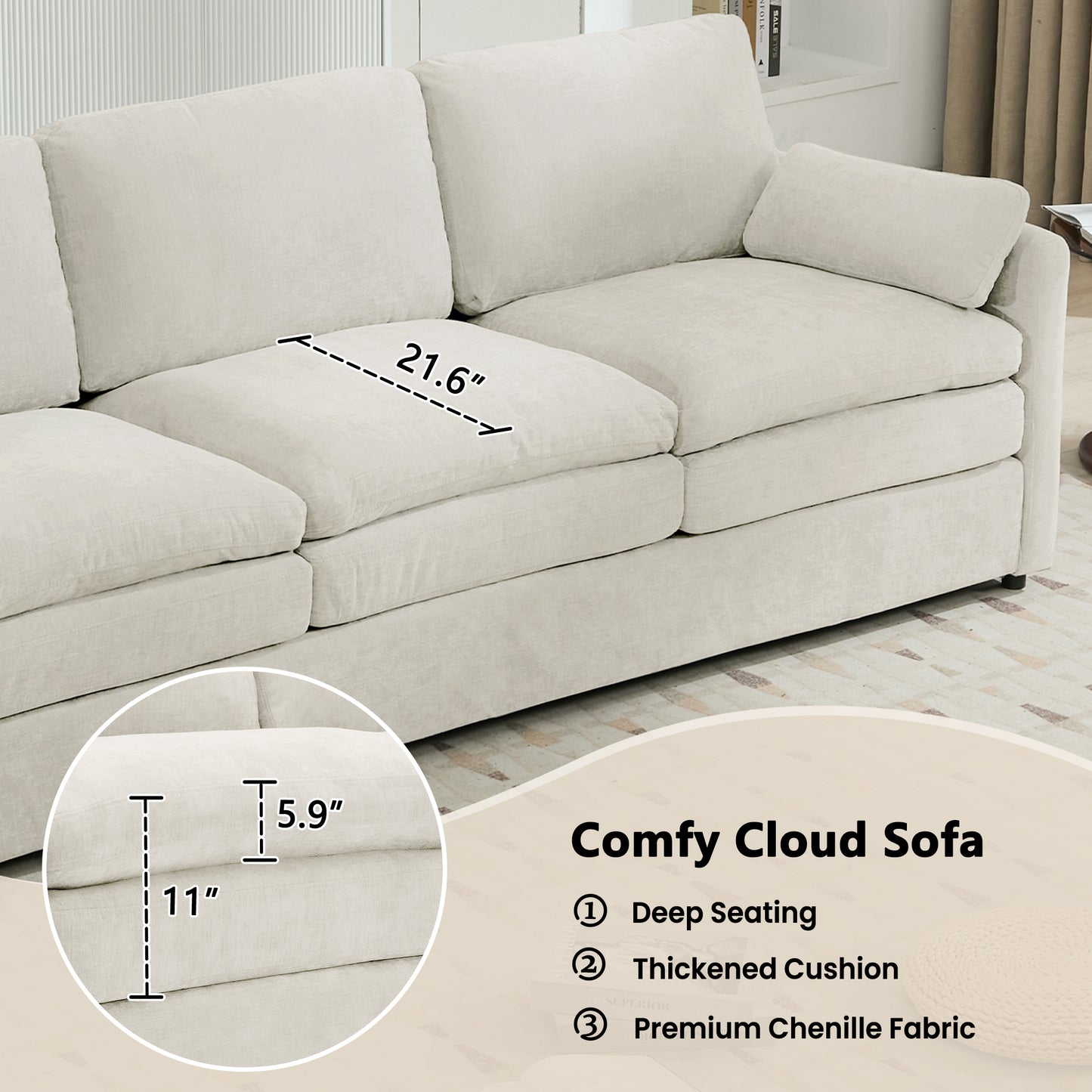 89" Cozy Upholstered 3-seater Sofa Oversized Comfy Cloud Sofa Double Cushion 3-seater Sofa Plush Cushion Sofa Couch for Living Room, Beige image 12