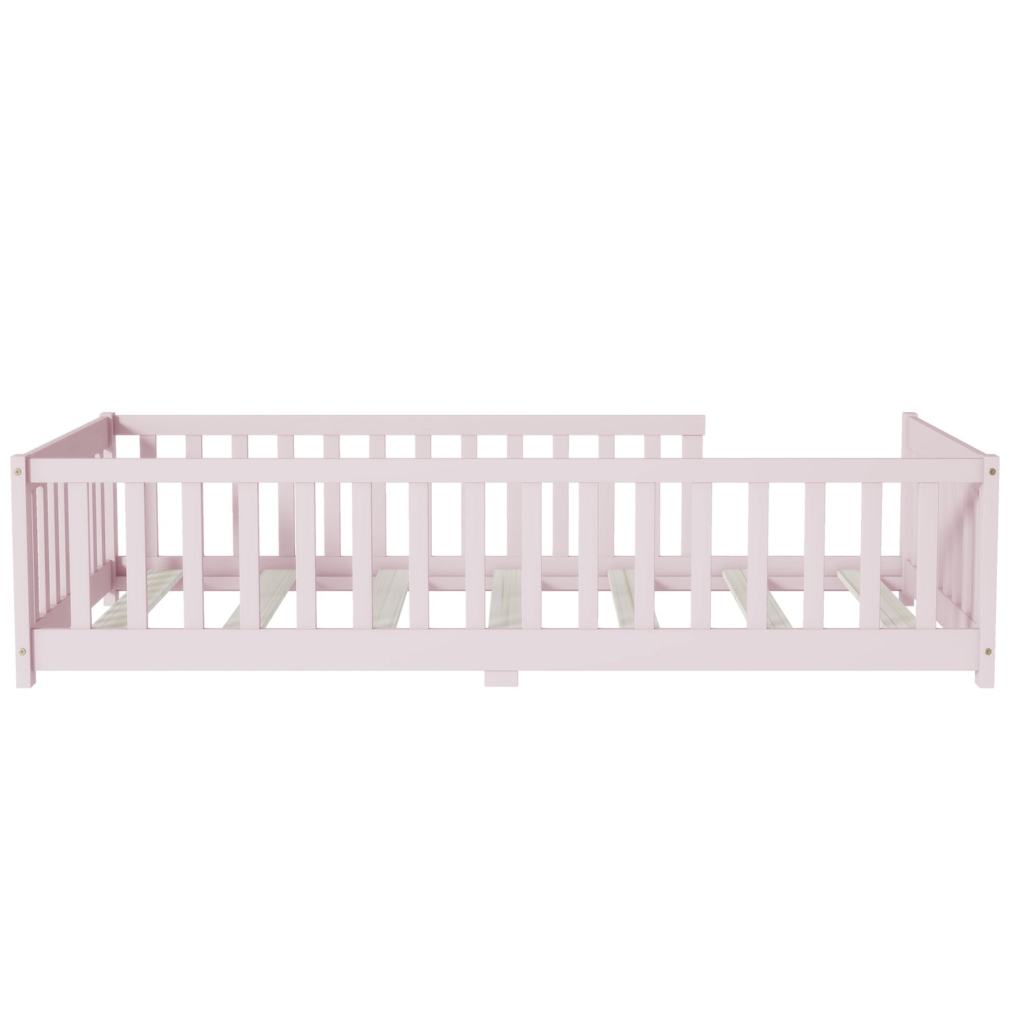 Twin Size Floor Bed with Fence without Door, Rubber Wood Floor Bed with Safety Guardrails,Pink (Old Sku W504P286399) image 12
