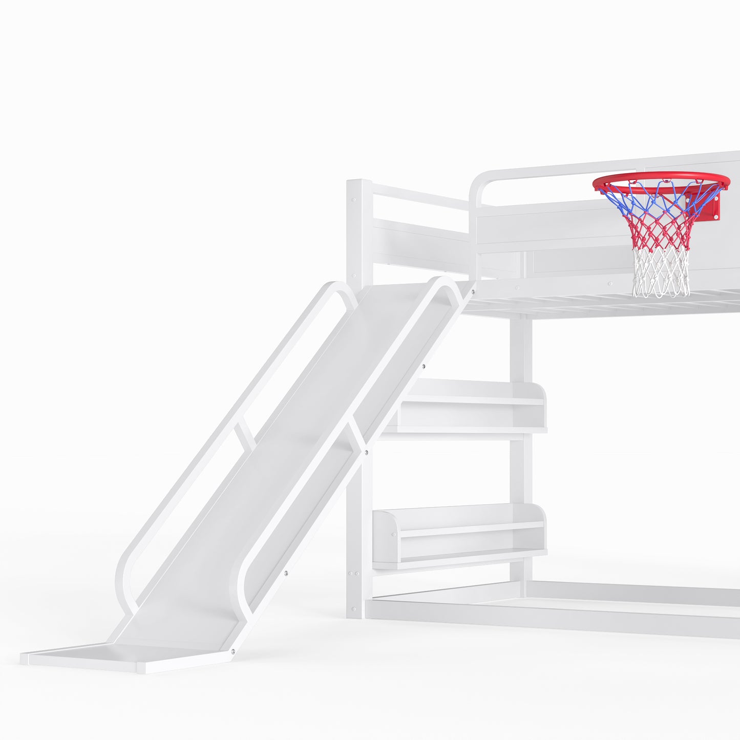 Twin size metal loft/bunk bed with basketball hoop, pull-up rings, climbing wall, and built-in bookshelves. Playful children's design featuring a slide,White image 12