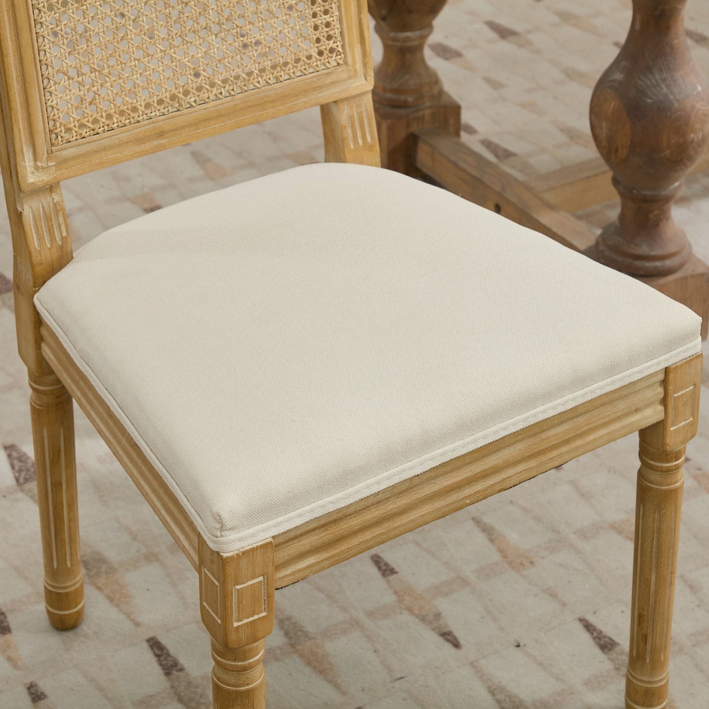 French Decor Chairs Set of 2, Louis Dining Chairs with Square Rattan Backrest and Exquisitely Carved Solid Wood Frame for Living Room, Kitchen, Restaurant,SW1779BG, Beige image 12