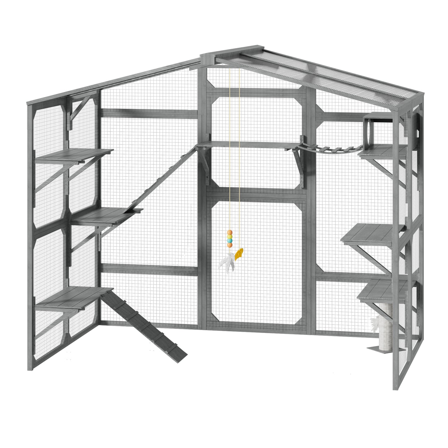Large Outdoor Catio for 6-10 Cats, Pine Wood Cat Cage Outdoor with Weatherproof Roof, 6 Platforms, Climbing Ramp, 1 Resting Box and Cat Scratching Post, Outdoor Cat House with Storage Shelves, Grey image 12