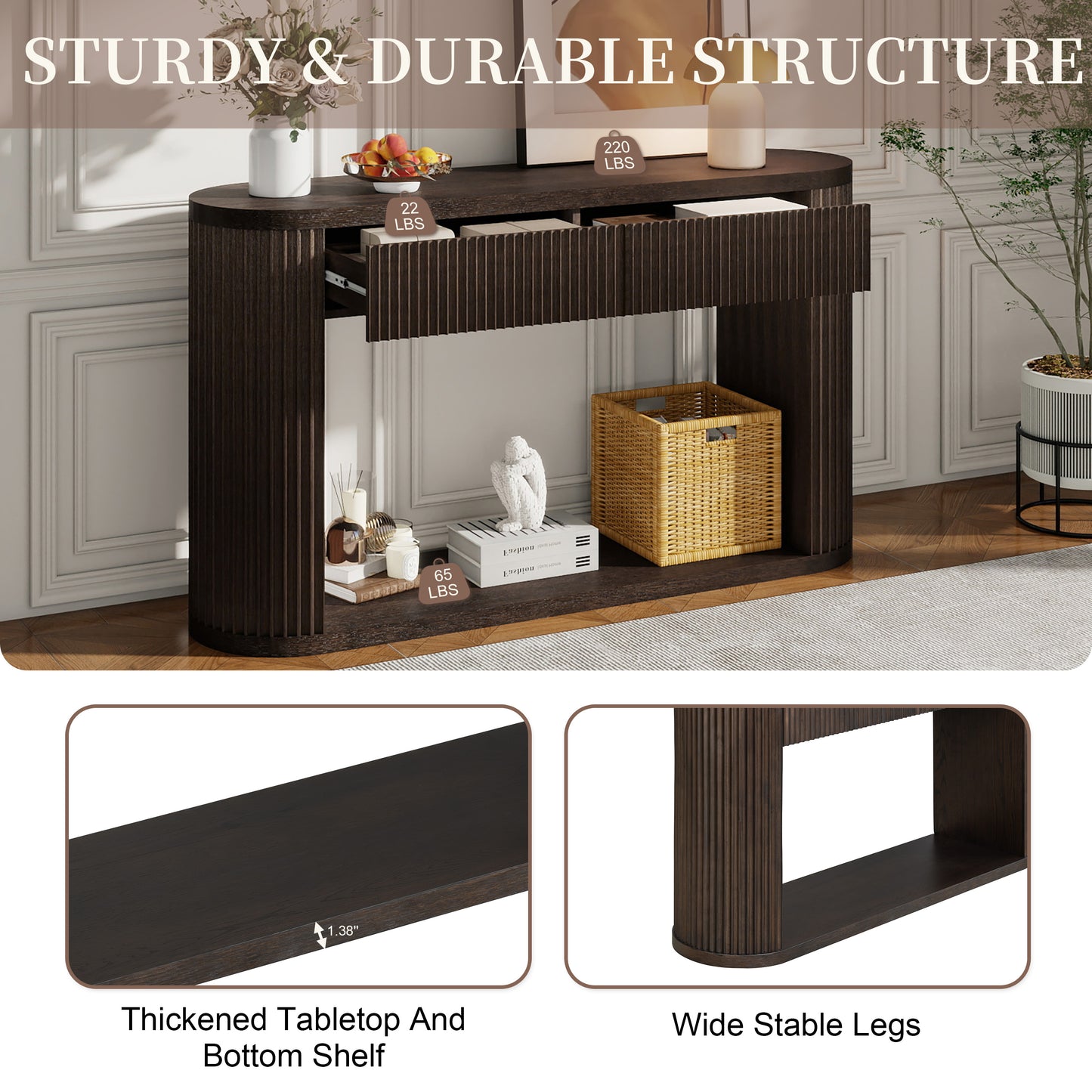 TREXM Oval Fluted Console Table with 2 Drawers and Bottom Shelf, Wood Entryway Table with Smooth Metal Slides for Living Room, Entryway (Espresso) image 12