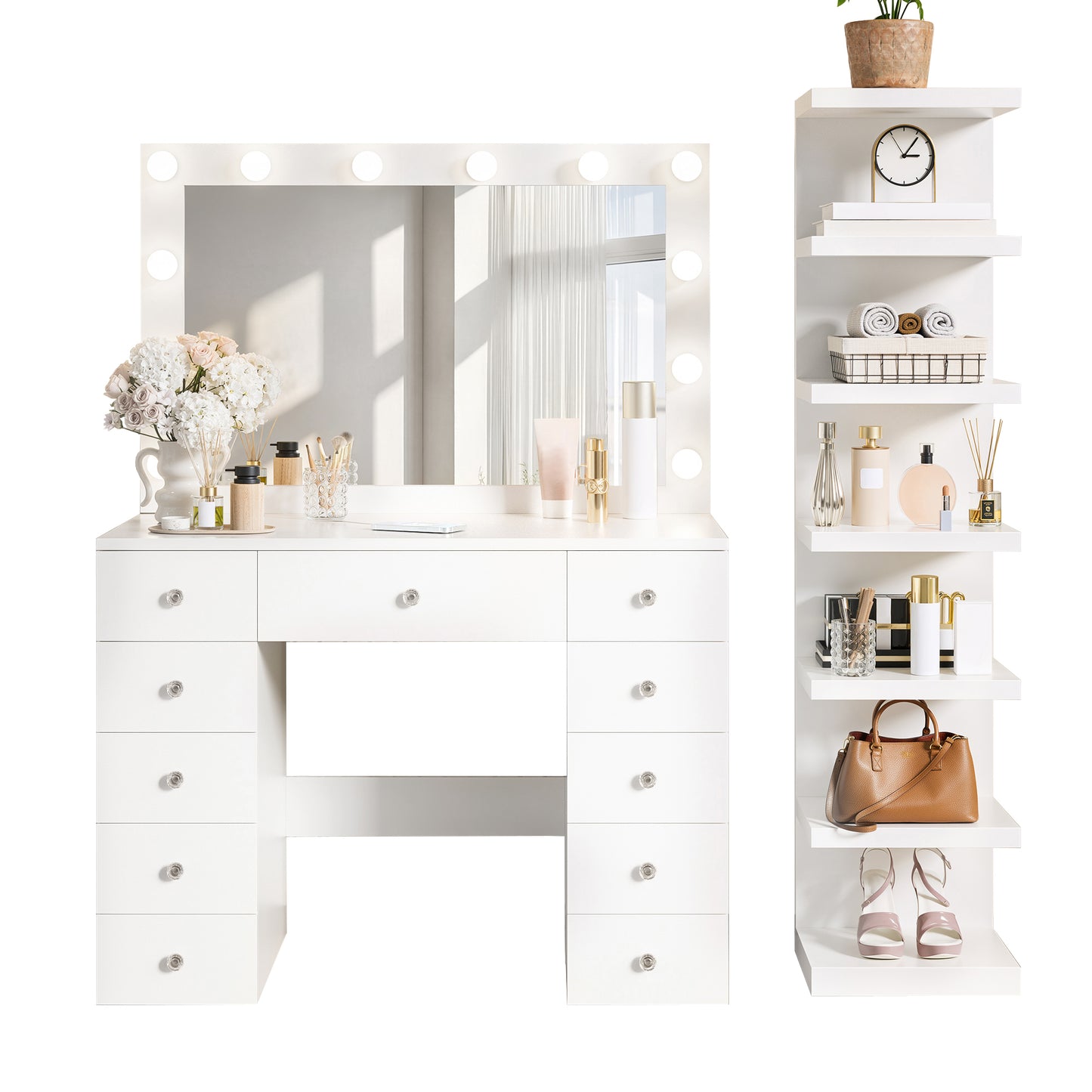 Vanity Desk with 11 Hollywood Bulbs & 7-Tier Storage Shelves, Makeup Vanity Desk with Power Outlet and 11 Drawers, 3 Color Lighting Modes, Dressing Table with Display Shelf Crystal Handles,White image 12