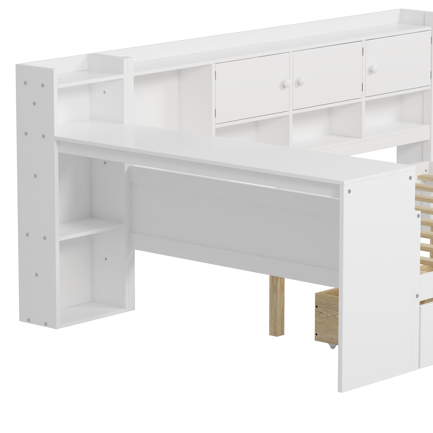 Full Size Wooden L-Shape Daybed with Seven Storage Cabinets and Two Storage Drawers, Multi-functional Bed with Study Desk and Built-in Bookshelf, White(old SKU: N733S247077K) image 12