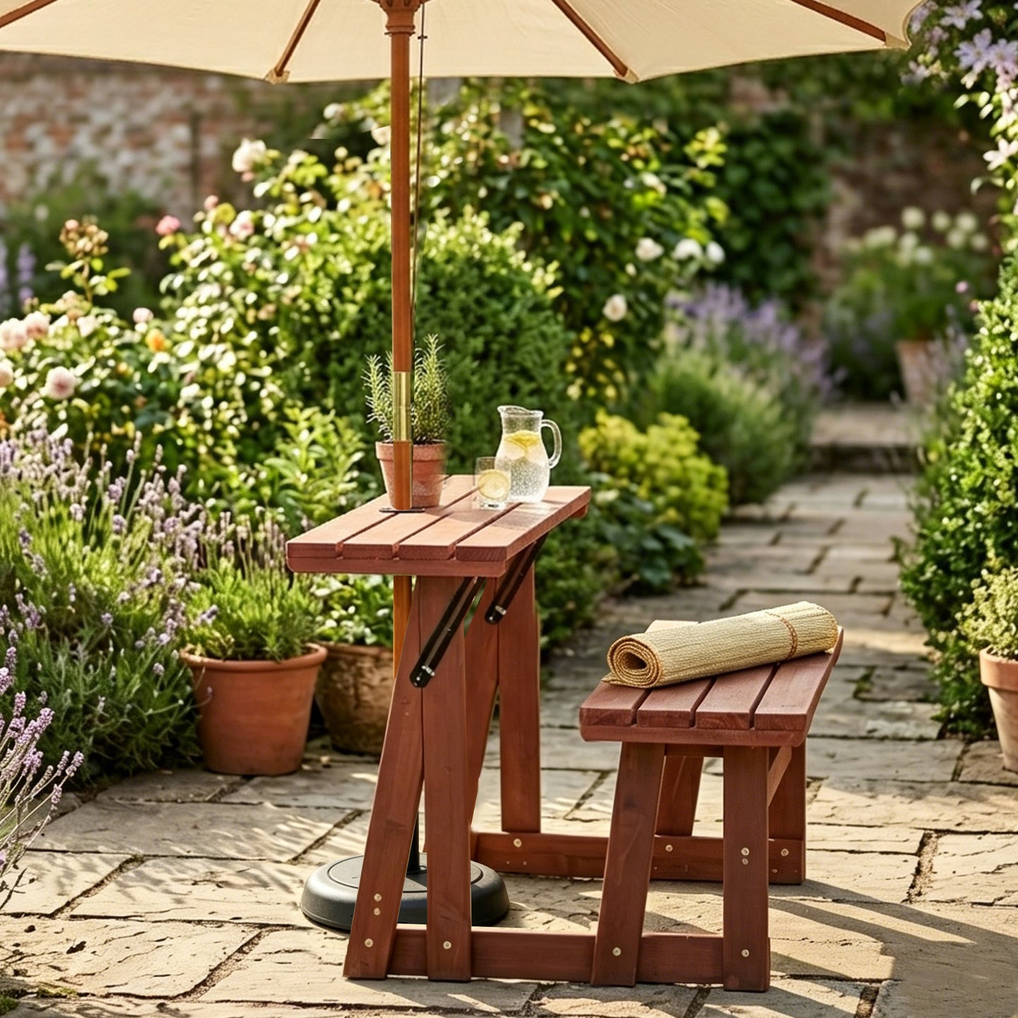 2-in-1 Convertible Bench Picnic Table, Outdoor Folding Dining Set with Backrest & Umbrella Hole, Solid Wood Waterproof & UV Resistant – For Backyard, Patio, Garden, Park Walkway image 12