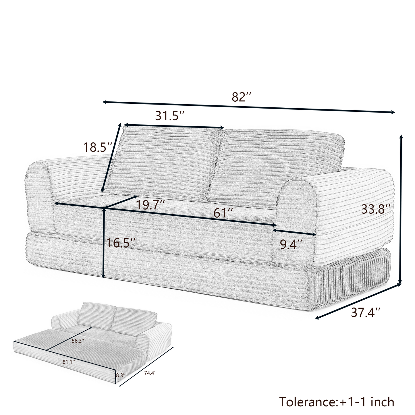 2-in-1 Folding Convertible Sofa Bed, Modern Corduroy Sleeper Couch with 2*pillows, Futon Modular Upholstered Boneless Sofa with Pull-Out Bed,Folding Floor Modular Couch for Living Room Beige image 12