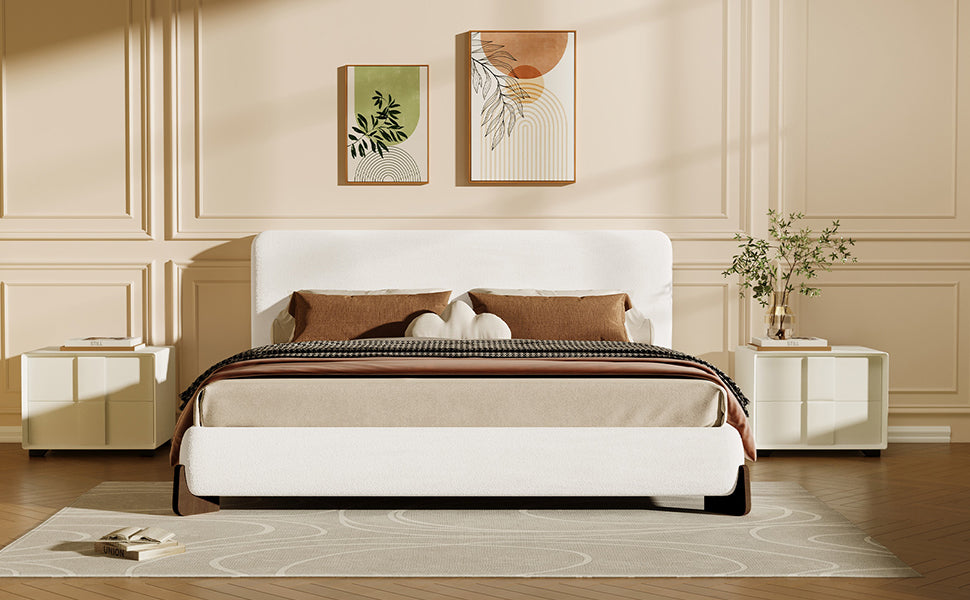 Elegant terry upholstered bed with dark brown solid wood legs, luxurious and comfortable bedroom centerpiece, king size, white image 12