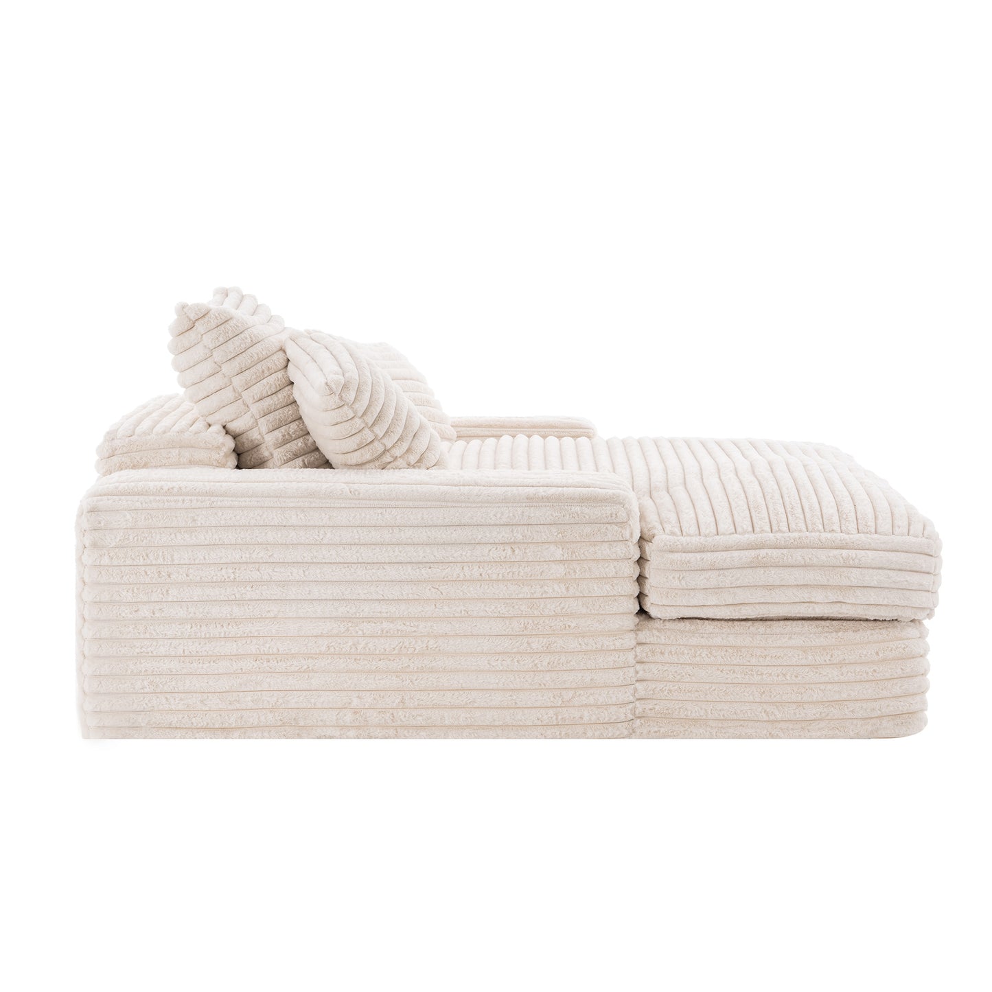 028-Oversized chaise Lounge chair, Upholstered Sleeper Sofa Bed with 4 Throw Pillows and Armrests, Corduroy Fabric Plush Lounge Chair Bed for Living Room, Apartment & Small Spaces, Beige image 12