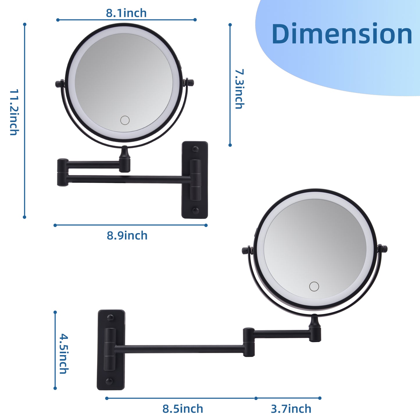 Wall Mounted Lighted Makeup Mirror, 1000mAh Rechargeable Double Sided 1X/10X Magnifying Mirror with Light,3 Color Lights,Touch Dimmable, Extended Arm 360 Rotation Wall Mounted Makeup Mirror image 9