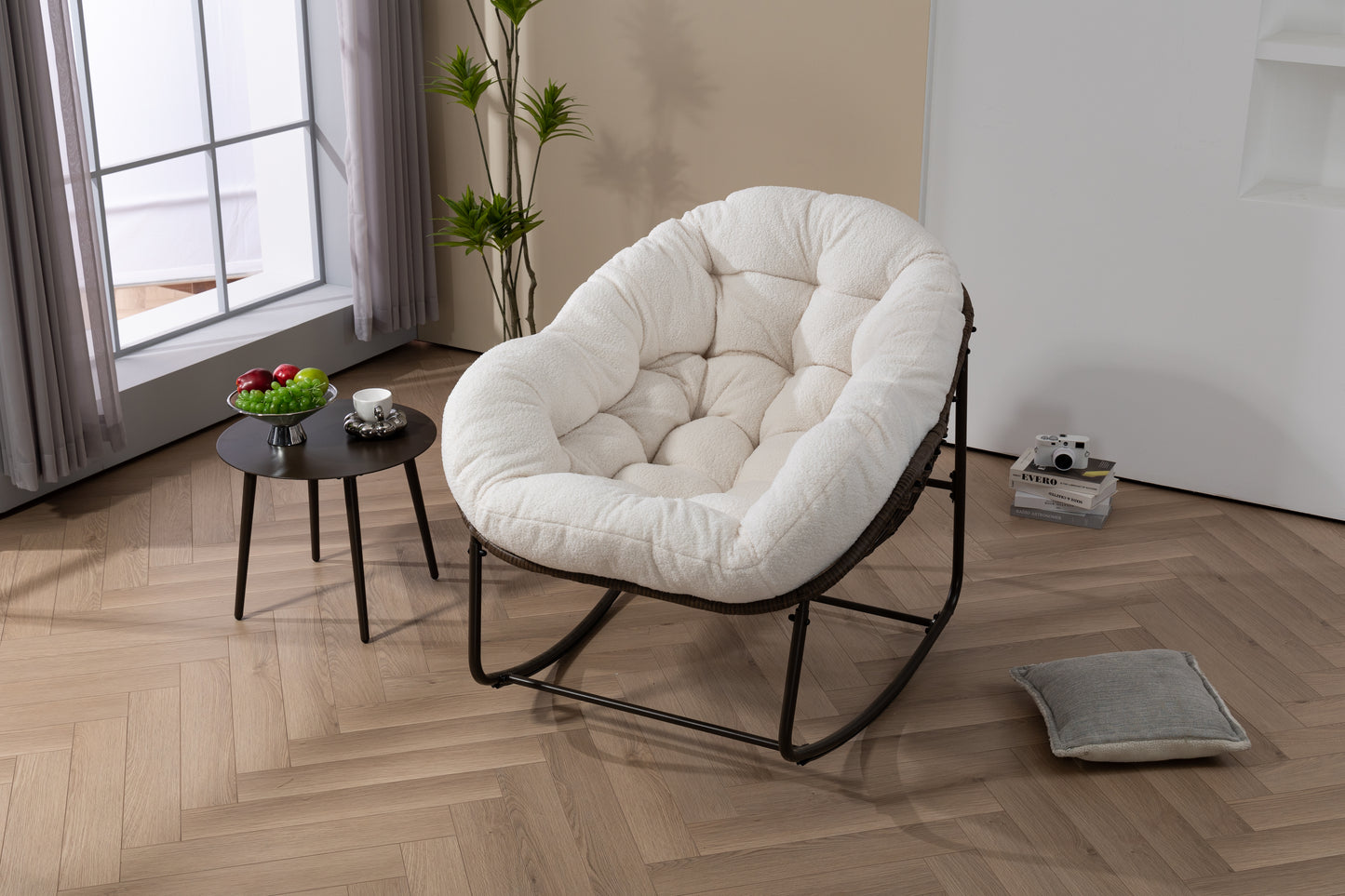 Outdoor Rattan Rocking Chair,Padded Cushion Rocker Recliner Chair Outdoor for Front Porch, Living Room, Patio, Garden, White image 9