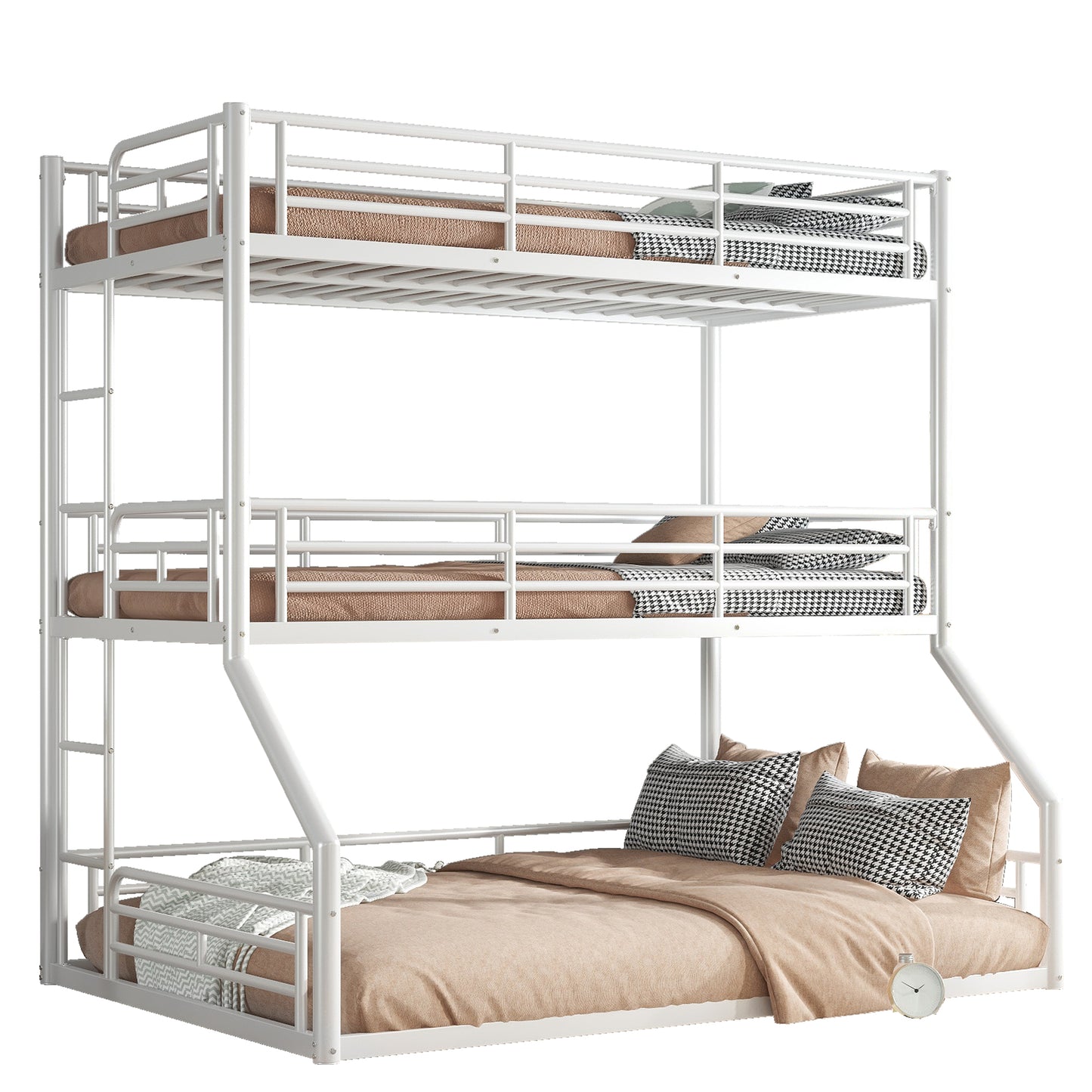 Twin over Twin over Full Bunk Bed, Metal Triple Bunk Bed with Safety Guardrails, Heavy-duty Bunk Bed with Noise-reduced Design, White image 12