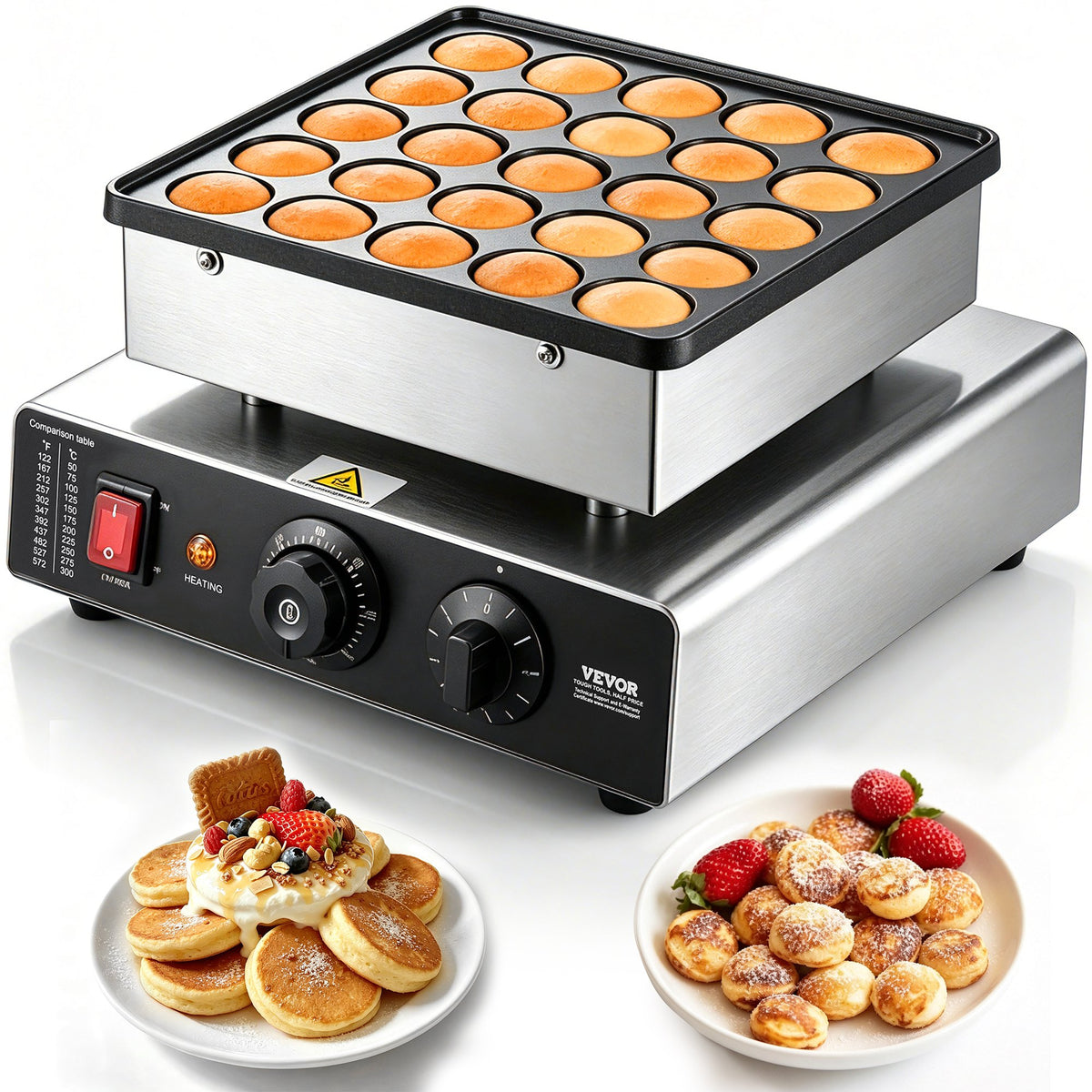 VEVOR Mini Dutch Pancake Maker, Commercial Electric Poffertj 25 Round Holes, 43 mm, PC-25