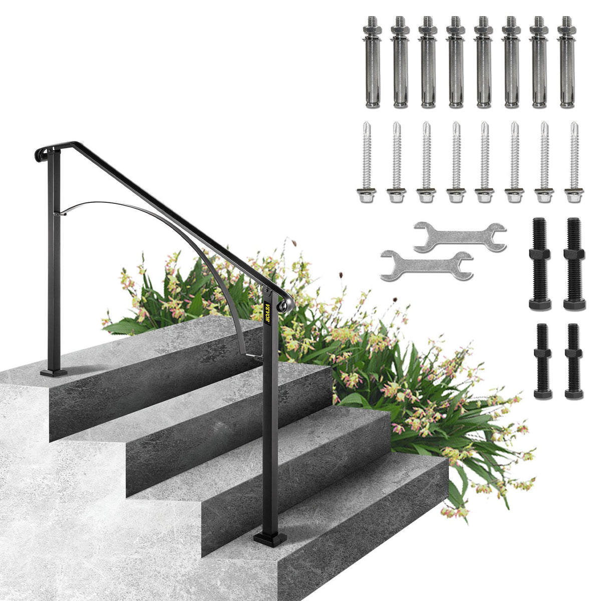VEVOR Outdoor Stair Handrail, Black Wrought Iron, 1 to 5 Ste 3-4 Steps