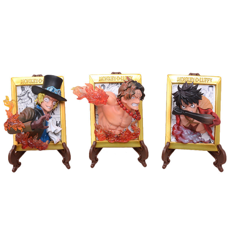ZF One Piece Frame Luffy Ace Sabo Stand Set Creative Ornament 3D Fridge Magnet - One Piece Figure