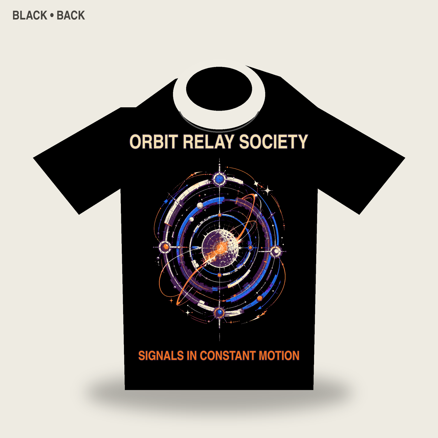 Orbit Relay Society Retro Futurist Graphic T-Shirt - POD-20260728-048_black_back_mockup