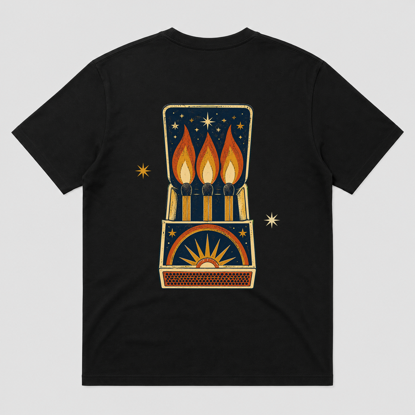 Night Flame Matchbook Retro Graphic T-Shirt, Unisex Vintage Celestial Tee - POD-20260728-050_black_back_mockup
