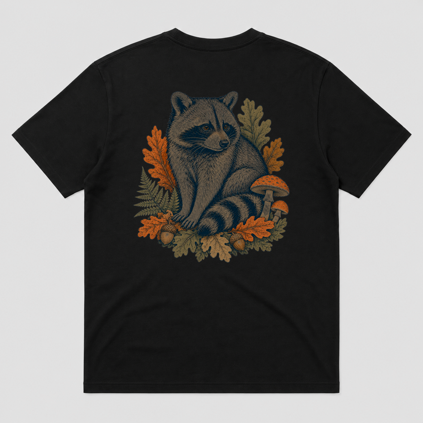 Autumn Forager Raccoon Unisex Graphic T-Shirt - POD-20260728-068_black_back_mockup