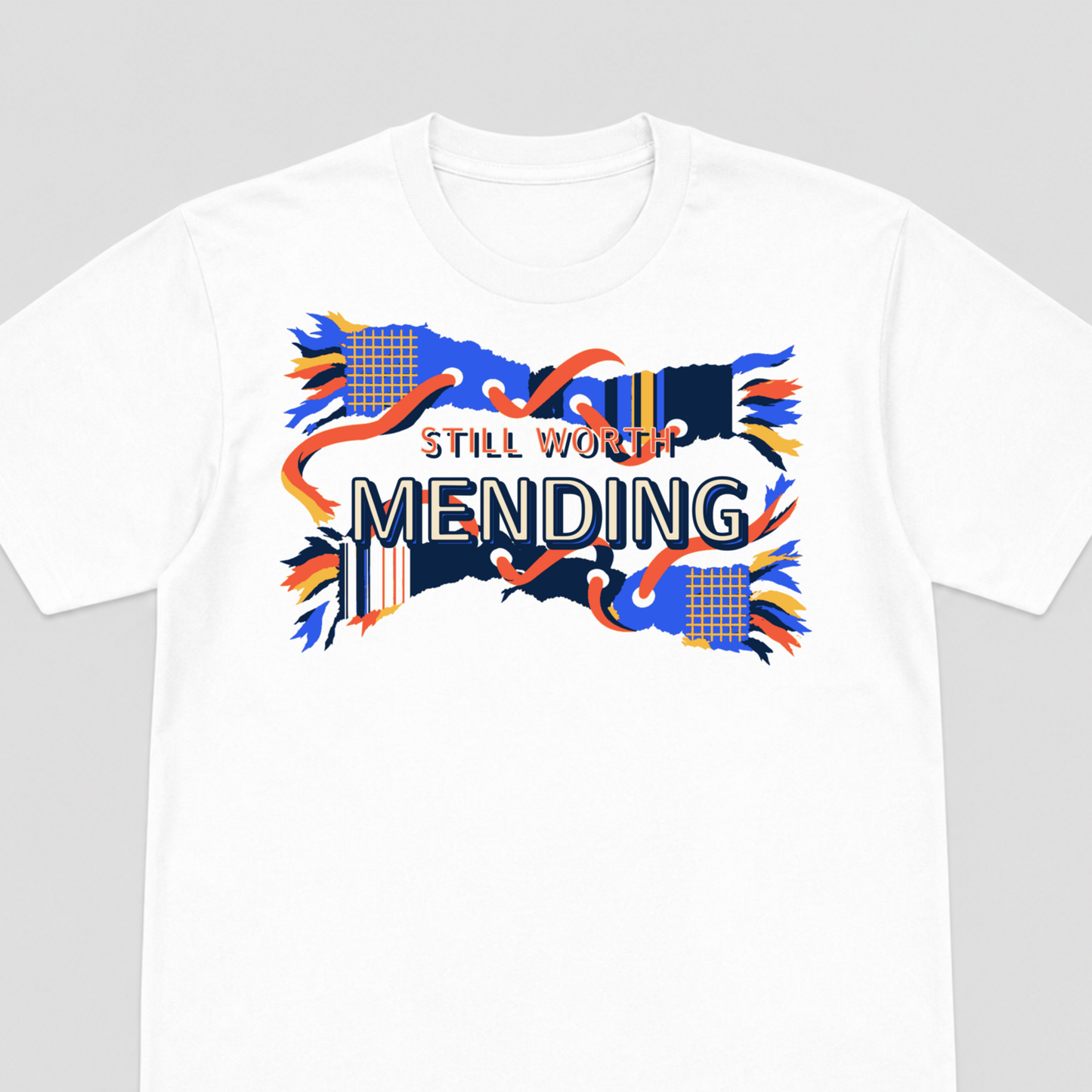Still Worth Mending Visible Repair Graphic T-Shirt - POD-20260812-153_white_front_closeup_mockup