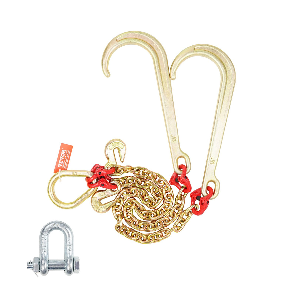 VEVOR G80 V Bridle Tow Chain 5/16 in / 2 ft, 1 Pack, J + Grab Hooks