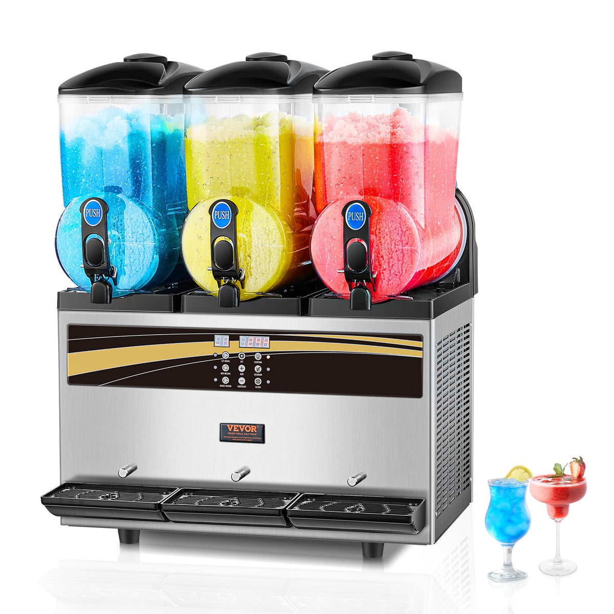VEVOR Commercial Slushy Machine, 15Lx3 Triple Tank Frozen Drink Machine, 180 Cups Stainless Steel Margarita Smoothie Frozen Drink Maker, Slushie Maker for Home Party Restaurants Cafe Bars 3 x 15 L